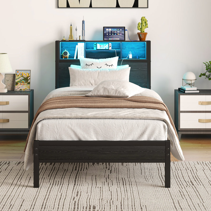 Twin Size Bed Frame With Storage Headboard, Metal Platform Bed With Charging Station, Bookcase Storage, No Box Spring Needed, Easy Assembly