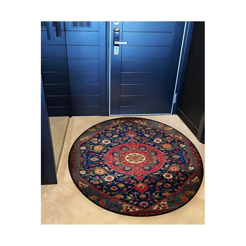 Navy Blue And Burdy Themed Traditional Patterned Round Woven Base Vintage Decorative Carpet, Round 3'4"