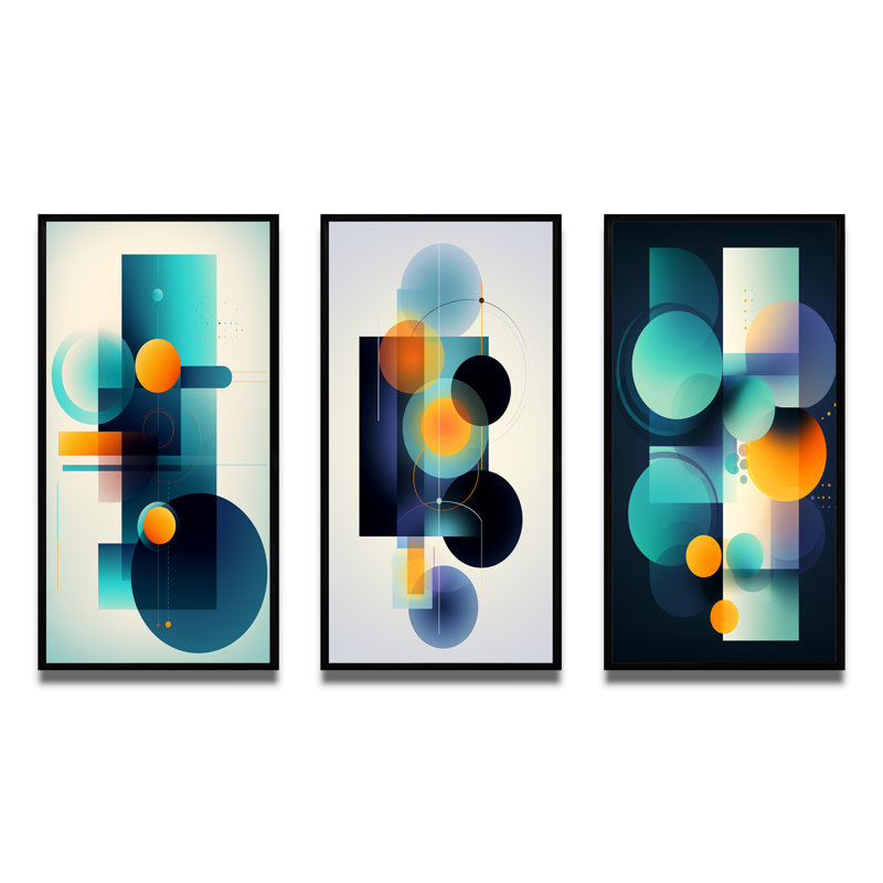 "Indépendante Curiosité rétro circulaire IV" 3 pièces, Cadre flottant noir, H 32 po x l 48 po