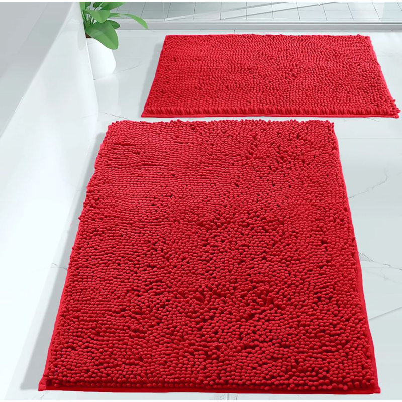 Red Large 2 Piece Set Soft Cozy Plush Chenille Bath Mat Bathroom Rug, Red