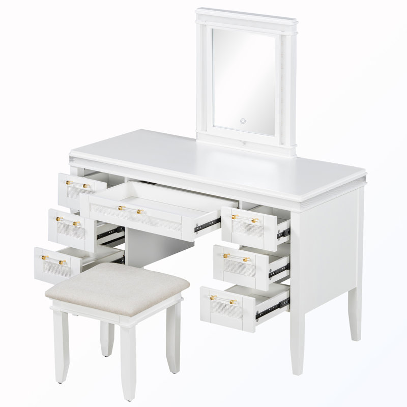 Bureau de coiffeuse 7 tiroirs avec miroir et lumières et tabouret rembourré, White