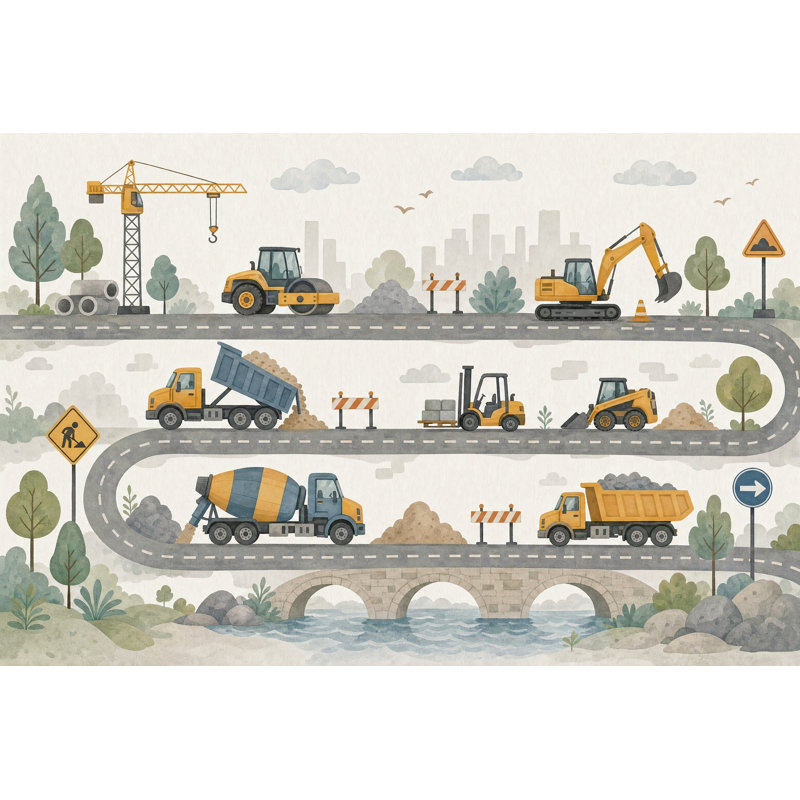 Papier peint véhicules de construction, 140 po x 108 po, Peler et coller