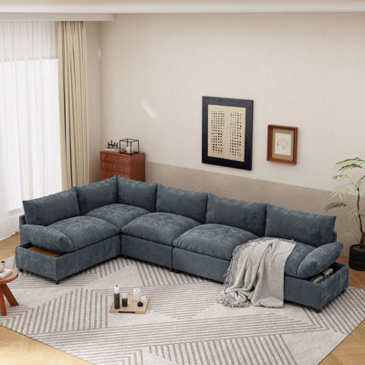 Canapé modulaire Basic, canapé modulaire gris foncé de 115,5 po avec revêtement en polyester durable, coussins moelleux, compartiments de rangement cachés