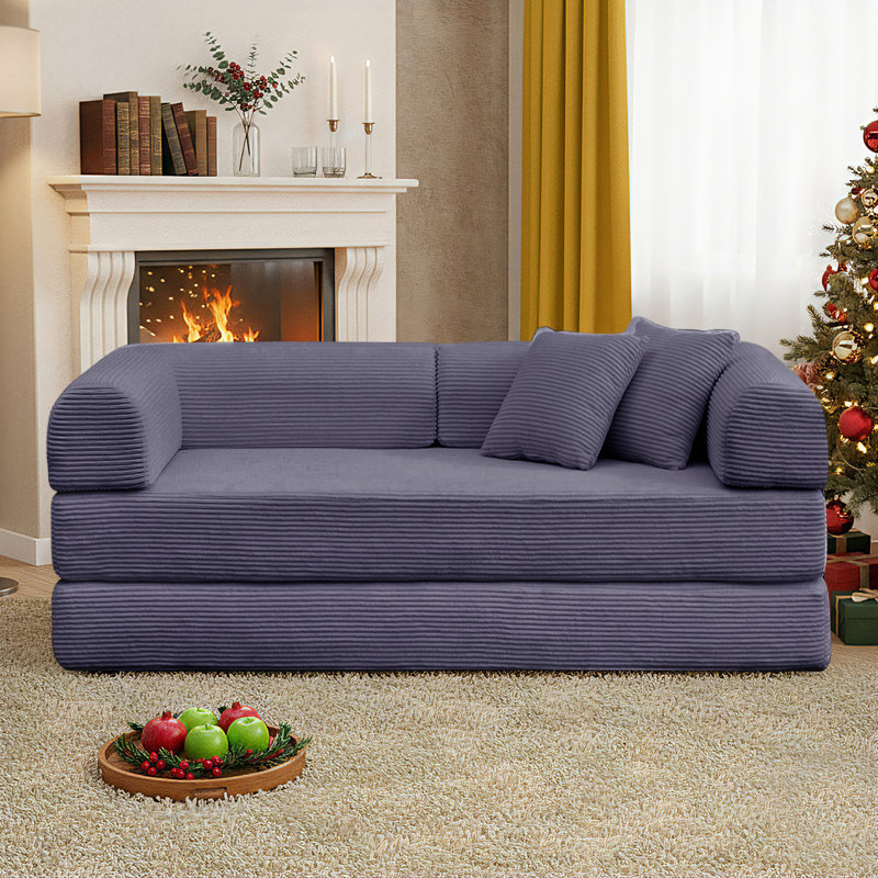 Canapé-lit 64,7 po en velours côtelé désossé, canapé futon modulaire, canapé en mousse à compression avec 2 coussins, aucun assemblage requis