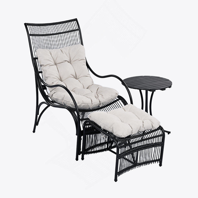 3 Pieces Wicker Outdoor Patio Furniture Set With Lounge Chair, Balcony Chairs Table Set With Cushions, Ottoman, Patio Conversation Sets For Garden ,Deck,And Porch, Black & Beige