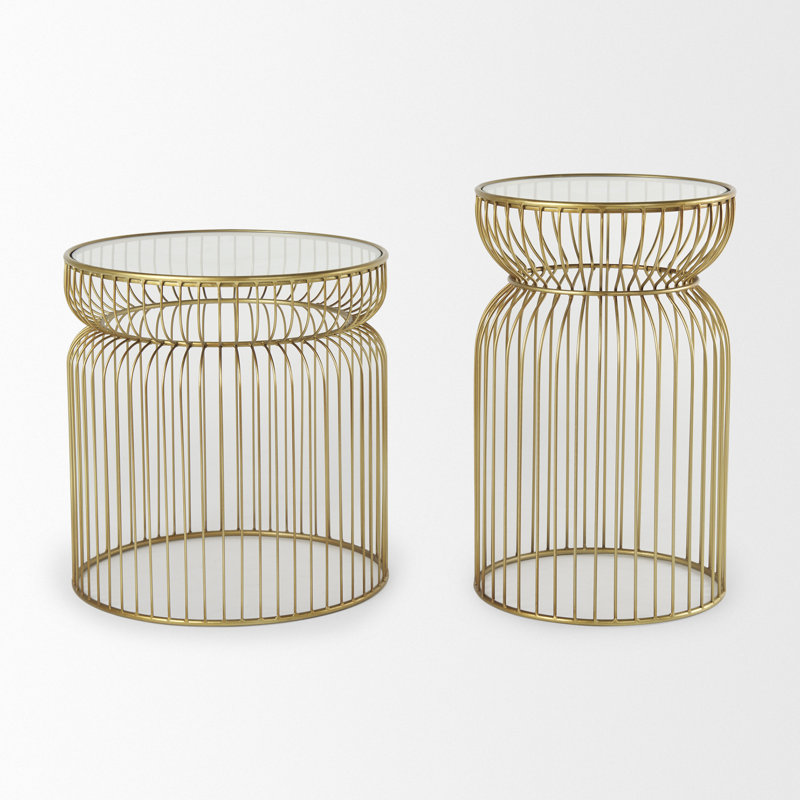  Ensemble moderne de deux tables de bout cylindriques transparentes et dorées