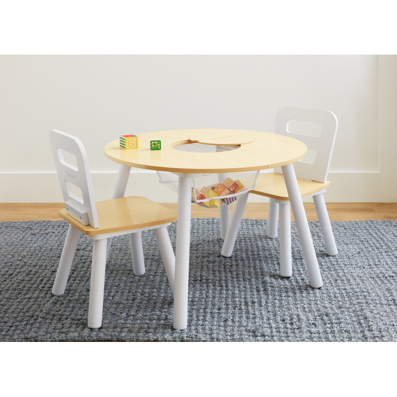 Kids' Wooden Round Storage Table & 2 Chair Set - Natural & White, White/Natural