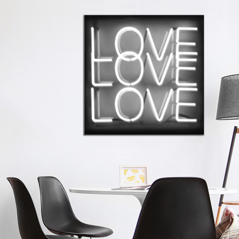Neon Love Love Love White On Black by Hailey Carr - Wrapped Canvas Print, 93.98 cm H x 93.98 cm W x 1.91 cm D