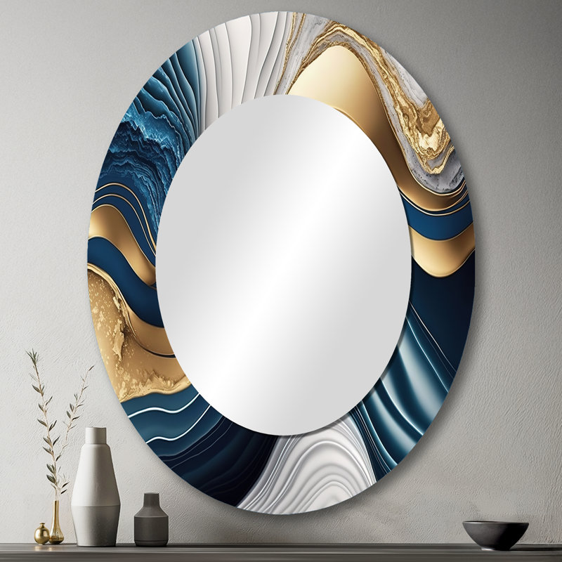 Abstract Geode Waves Blue I - Blue Oval Wall Mirror Decor, 43" x 33"