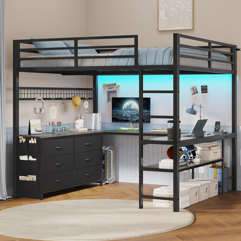 Absarokee Loft Bed Full Size With U-shaped Desk, 6 Storage Drawers, Power Outlet, Led Metal Loft Bed With 2 Storage Shelves, Bed With Safety Guardrail & Ladders, No Box Spring Needed