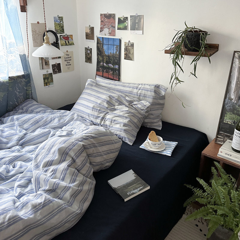 Vintage 3-Piece Washed Cotton Duvet Cover Set With Pillow Shams, Queen Duvet Cover + 2 Standard Shams, Blue/White Striped