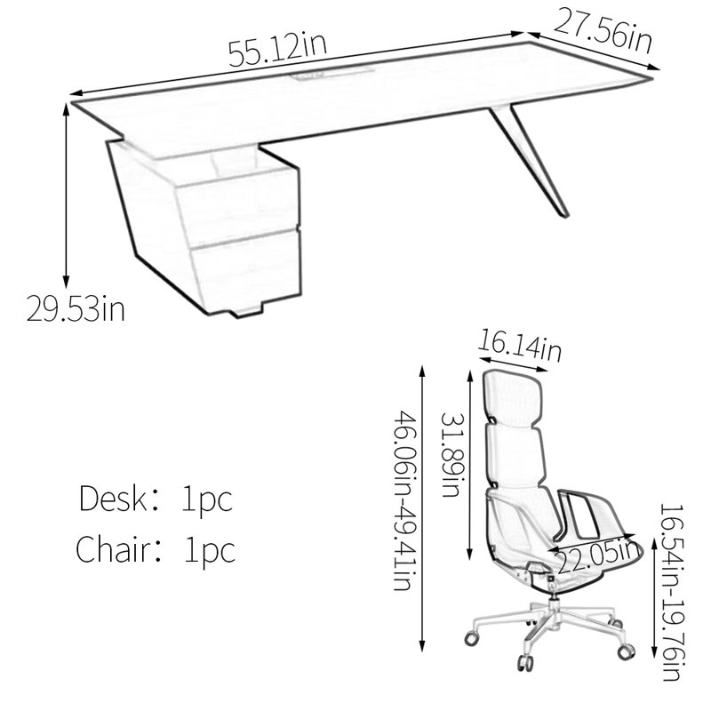 Bureau d'ordinateur, H 29,53 po x l 55,12 po x P 27,56 po