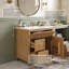 Meuble-lavabo moderne en bois massif cannelé de 30 po avec lavabo en céramique à 3 trous, supports de rangement à deux portes, bois naturel