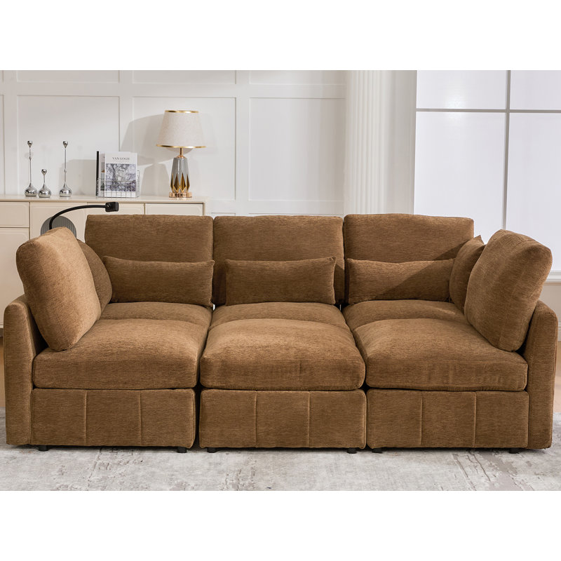 85'' W Chenille Modular Couch Sleeper Sofa, Brown Chenille