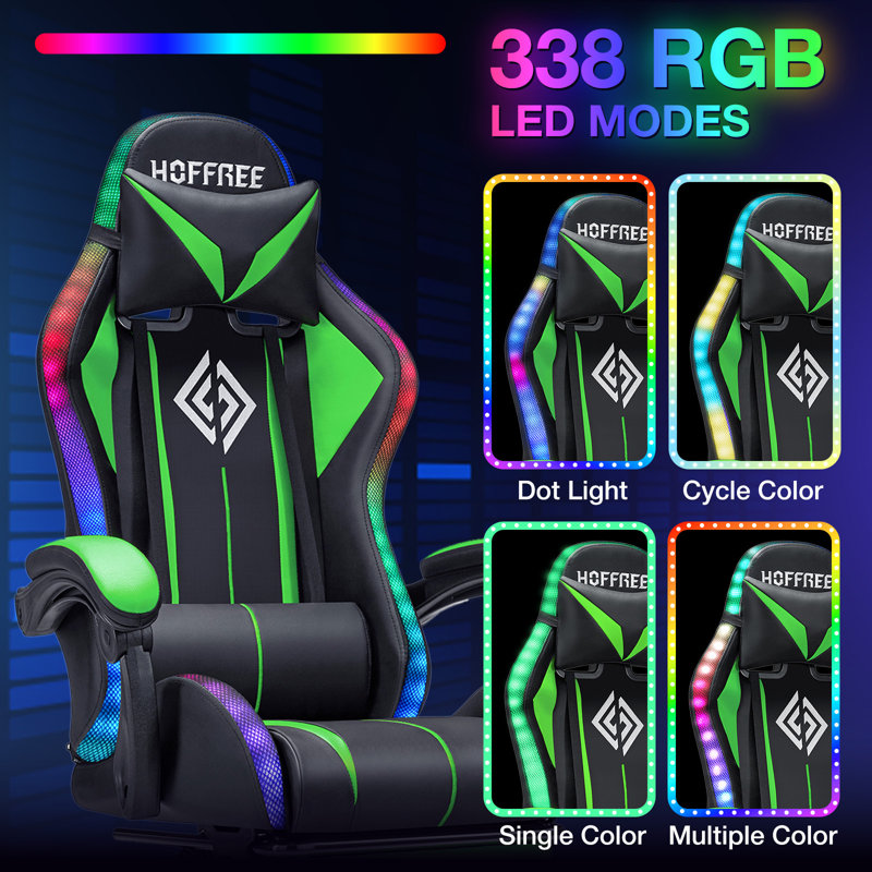 Hoffree LED Ergonomic Gaming Chair with Bluetooth Speakers and Vibration Lumbar Pillow, Green/Black