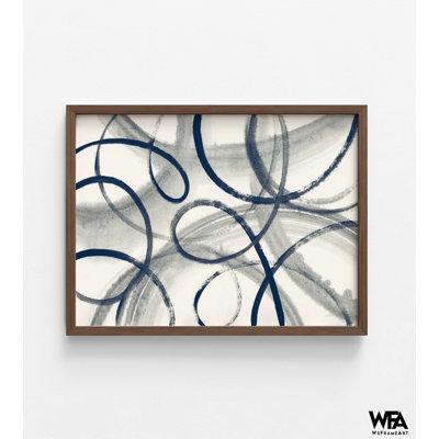 Calligraphia With Navy By Sue Schlabach, Abstract Lines Painting Print, Extra Large Modern Navy Blue Simple Artwork Poster Print 32396
