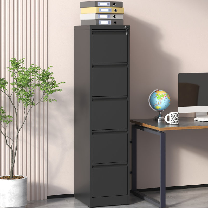 Metal File Cabinet With Lock, 5 Drawers, Office/Home, Steel Construction, Tilt, Full Extension Drawers For Efficient Retrieval Lockable 5 Vertical Cabinet, Office/Home Unit, , Organization