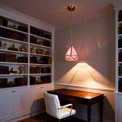 1-Light Pink Pendant Light, Diamond Shade Hanging Light With 3-Color Led Bulb