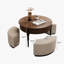 Table basse 31,5 "à grain de bois surélevé avec tablette de rangement et 3 tabourets, pieds en bois massif-718964826