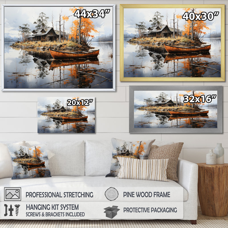 Brown Lakehouse Reflections of Solitude V - impression, Cadre simple argenté, H 34 po x l 44 po x P 1,5 po