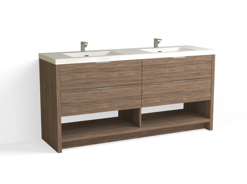 Vue 72" W Freestanding Double Bathroom Vanity, Nocino, Satin Nickel, Glossy White/Single
