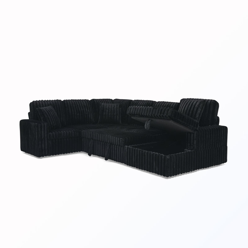 U-Shaped Striped Upholstered Sofa With Storage, Black Corduroy