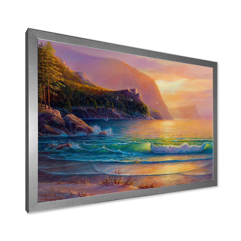 Plage romantique pendant un coucher de soleil chaud - Impression sur toile, H 30 po x l 40 po x 1,5 po