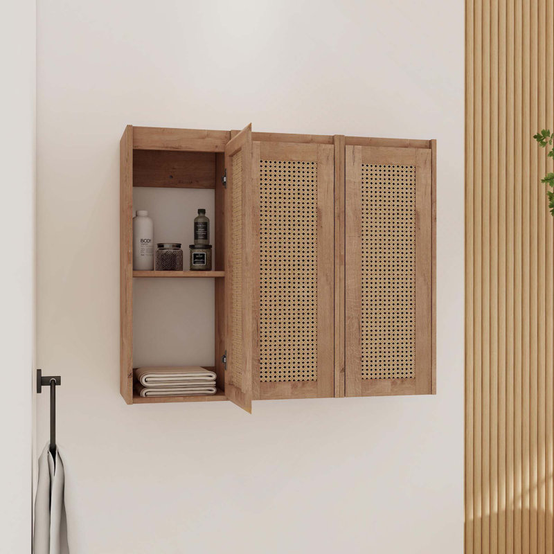 Armoire latérale de salle de bain à fixation flottante 36 pouces avec portes en rotin à fermeture en douceur, Imitative Oak