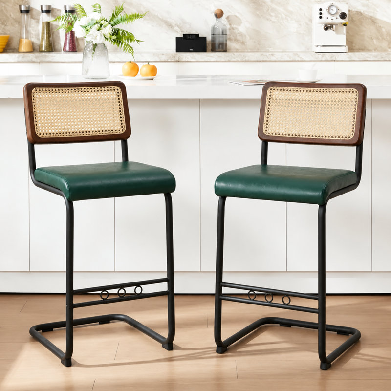 Tabourets de comptoir en porte-à-faux en rotin de style moderne Mid-Century 25,3 po Anandi avec structure en métal, Velours