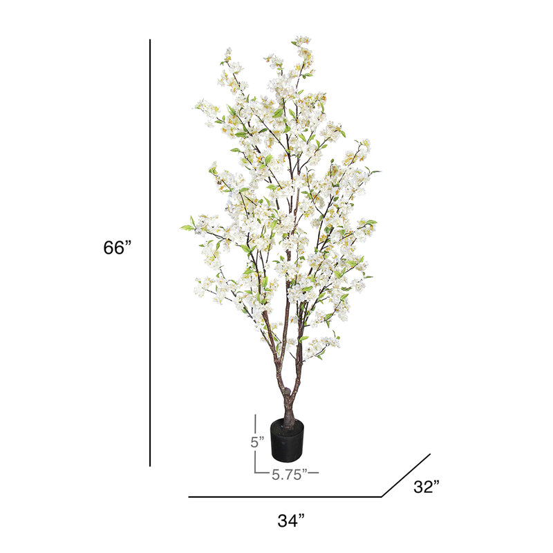 Artificial Cherry Blossom Tree in Pot, 66" H x 34" W x 32", Cream/White
