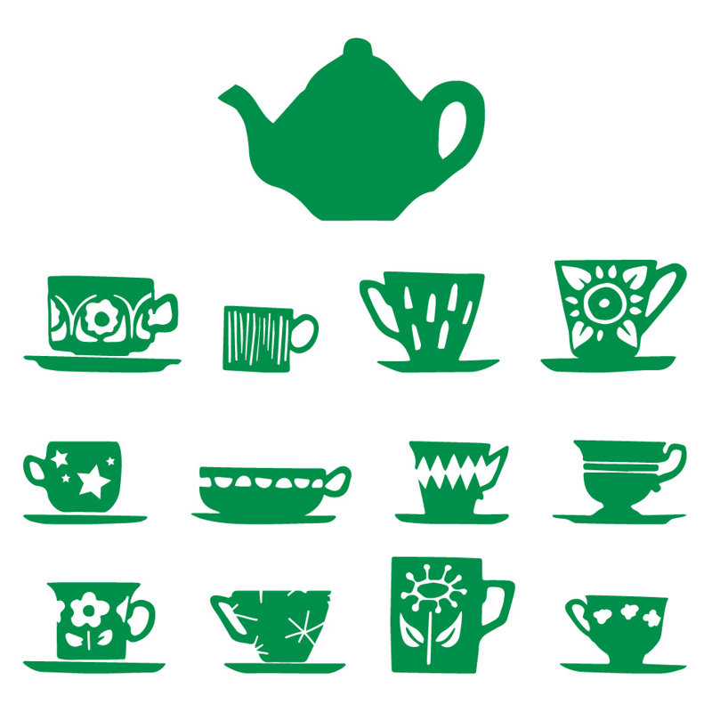 Décalcomanie murale tasses de thé, H 23 po x l 24 po x P 0,01 po, Vert clair