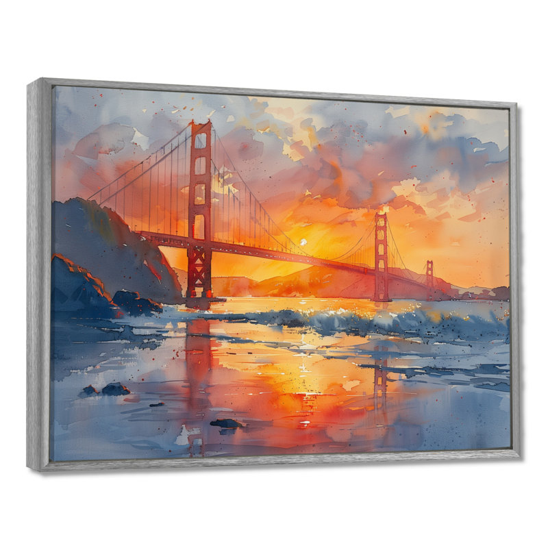 Art mural jaune jaune rouge Golden Gate, Toile argentée avec cadre flottant, H 16 po x l 32 po x P 1 po
