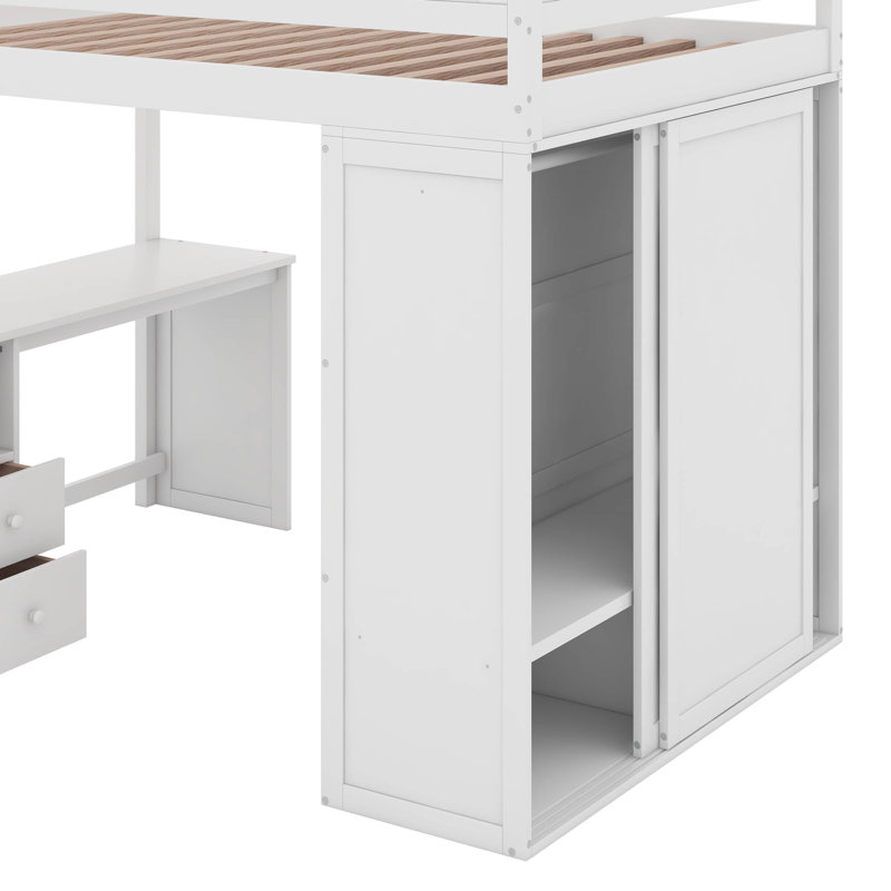 Lit mezzanine double avec placards et bureau, Lit double, Blanc