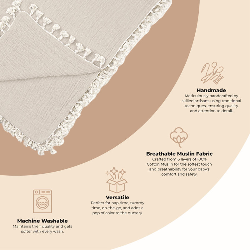 Moonstone Cotton Muslin Baby Blanket with Fringe Trim