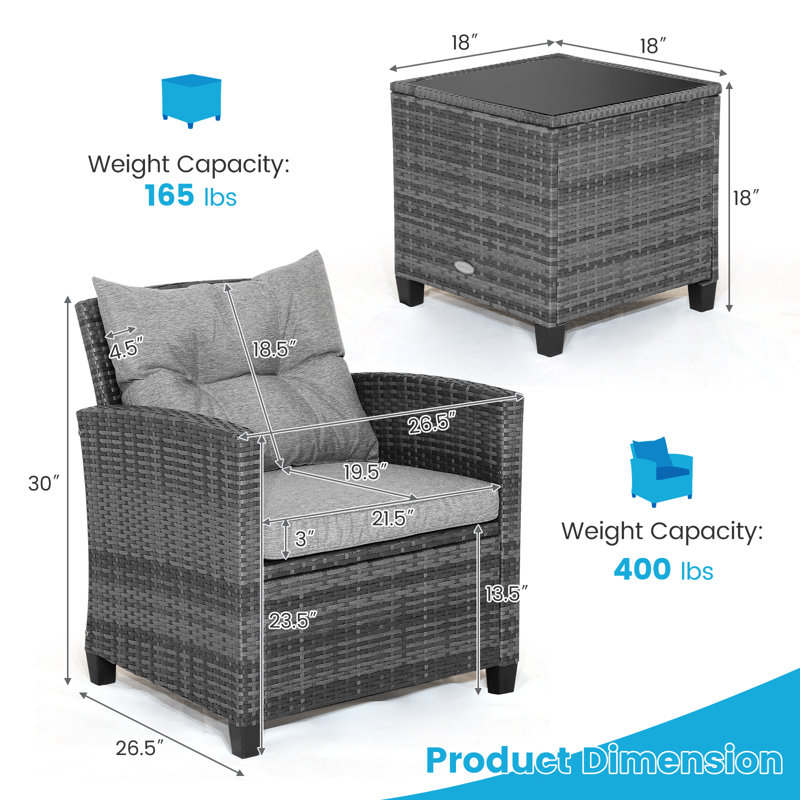Ensemble de conversation avec coussins pour 2 personnes Patiojoy Wicker, Gris