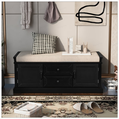 Banc de rangement multifonctionnel avec 2 tiroirs, 2 armoires et un coussin amovible pour l'entrée et le salon