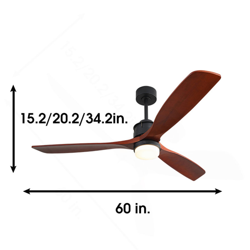 Ventilateur de plafond à moteur à courant continu de 60 pouces à 3 pales en bois massif pour décorer le salon avec lumière