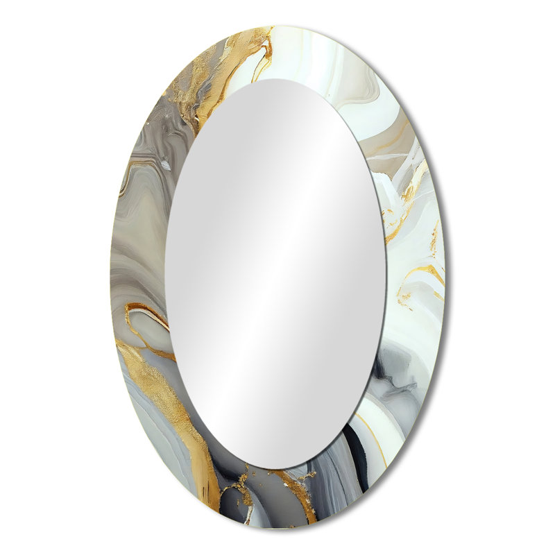 White And Gold Marble Abstract III - White Oval Wall Mirror Decor, 36" x 24"