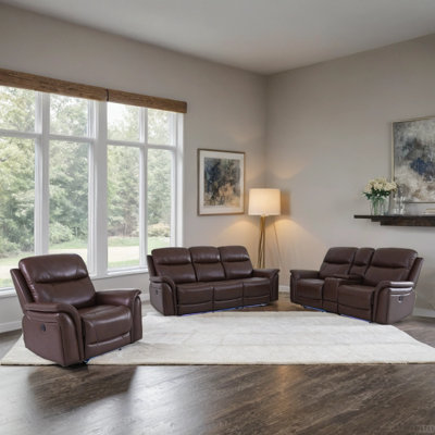 3-Piece Breathing Leather Power Recliner Sofa Set With LED Light,Wireless Charging Station,And Storage Console by Ivy Bronx