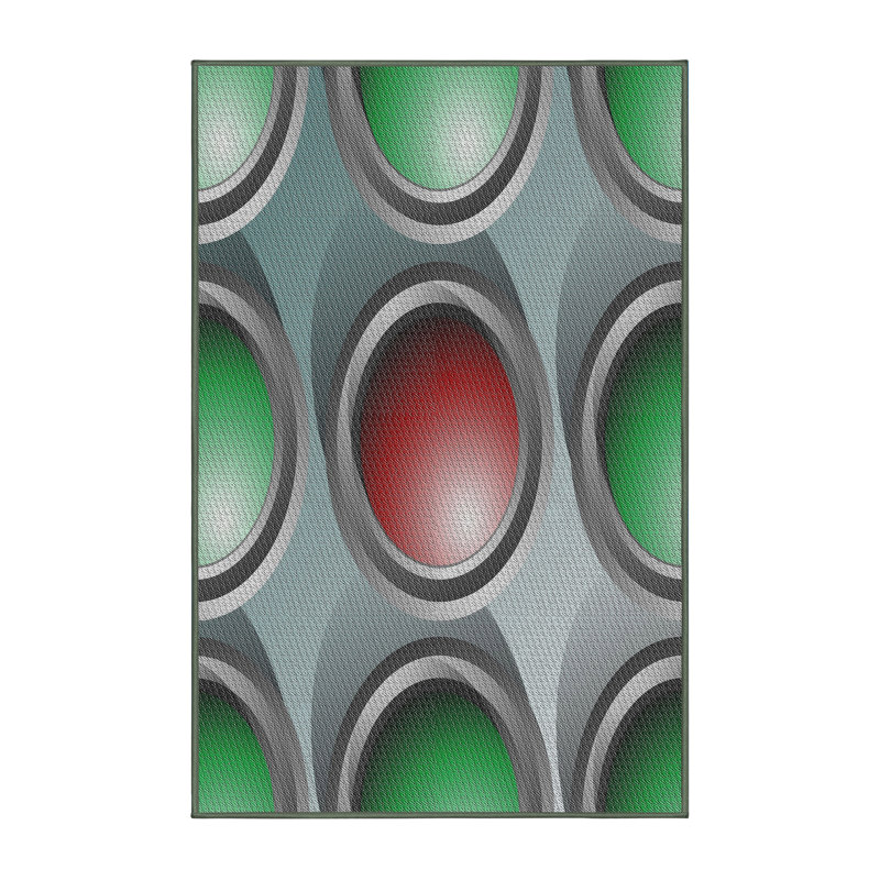 Tapis vert/gris/rouge à motifs, Rectangle 5 pi x 7 pi