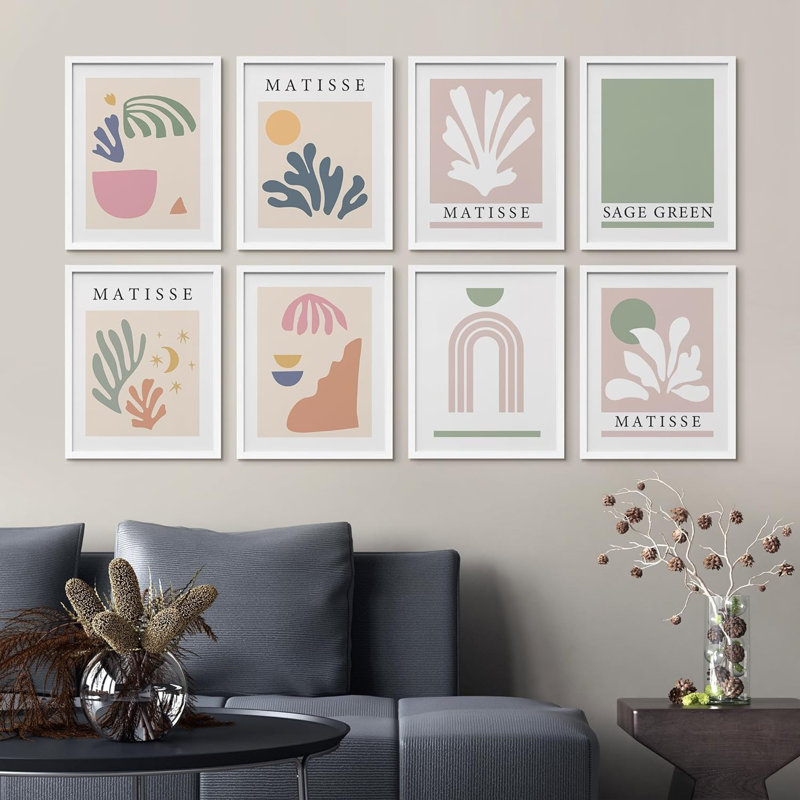 Collage Henri Matisse, plante en pastel, blocs de nature abstraits encadrés sur papier, impression de 8 pièces, Blanc