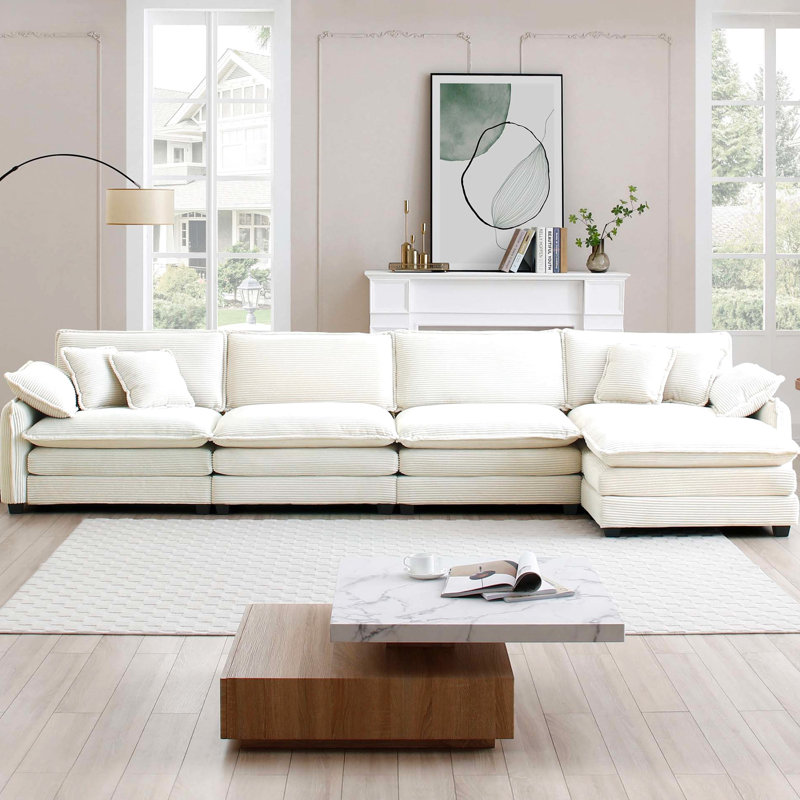 Velours côtelé beige 4 places avec repose-pieds et coussins pour le salon