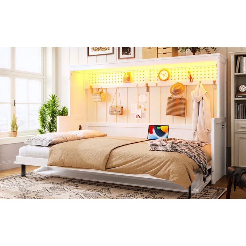 Lit double de couleur blanche avec bureau, rangement, charge et lumières DEL pour les petits espaces de travail à domicile dans une station de charge intégrée, configuration de bureau