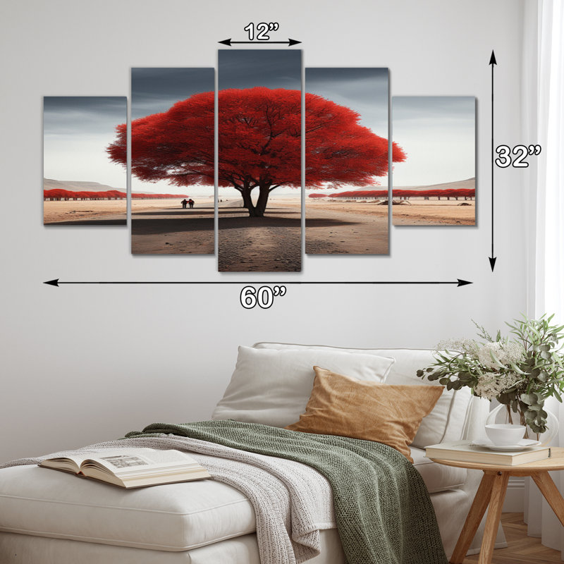 Arbre rouge et gris Solitude IV - impression murale d'art floral - 5 panneaux
