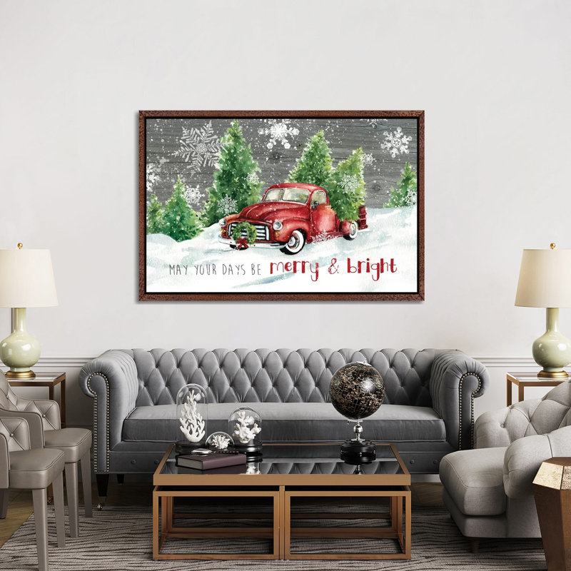 Merry And Bright Christmas Truck by Carol Robinson - Print on Canvas, Classic Brown Wood Framed Canvas