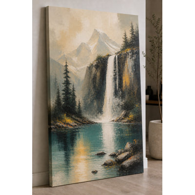Grande montagne, cascade, lac, art mural sur toile, décor naturel pour le salon, chambre à coucher, chalet, œuvre d'art sur toile 24 x 36 pouces - prête à être accrochée