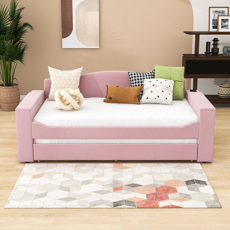 Vaelin Upholstered Daybed with Trundle, Gray, Twin