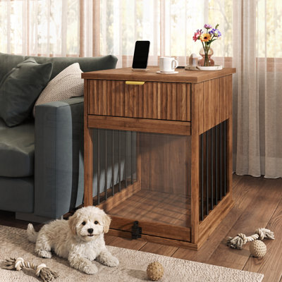 Table de bout pour chien avec station de charge, meuble pour chenil en bois avec porte en verre trempé dissimulé, table d'appoint multifonctionnelle pour animaux avec tiroir de rangement, maisonnette pour petit chien moyen