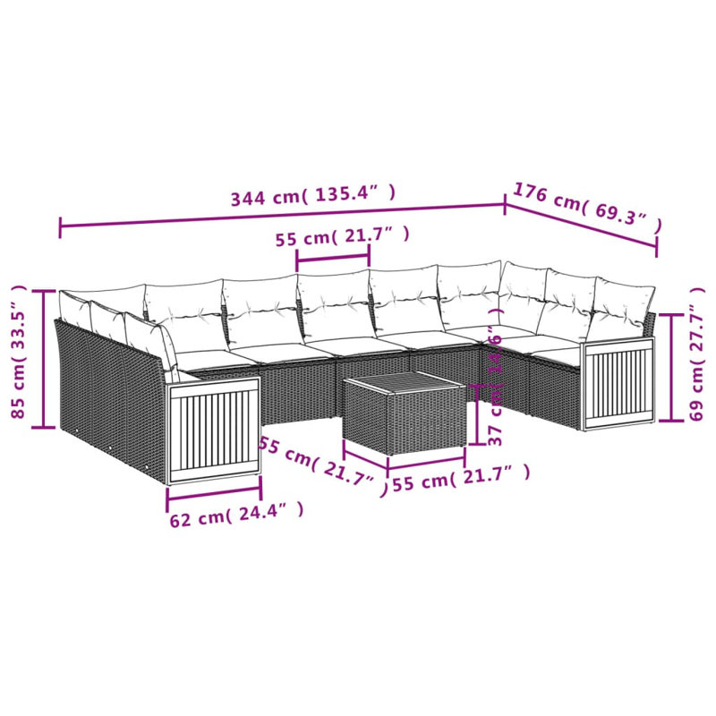 Ensemble de canapé de jardin en rotin PE 135,4 x 69,3 x 27,2 po Vidaxl
