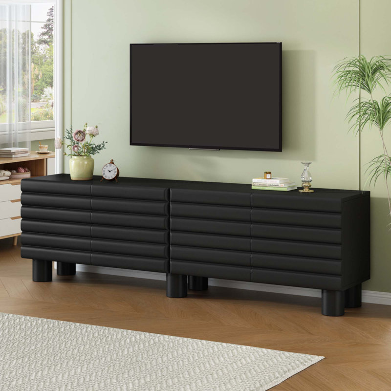 Élégant meuble télé à porte ondulée avec tablettes réglables, Noir